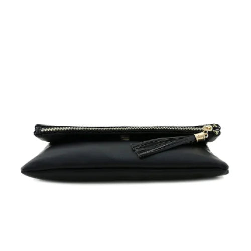 Black leather bifold crossbody clutch with zipper closure and tassel detail