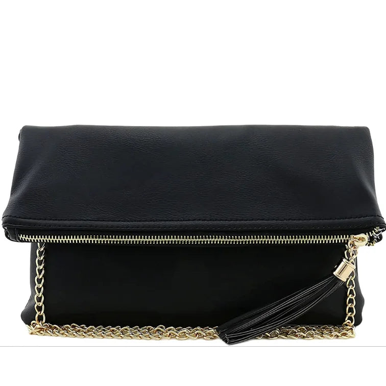 Black leather bifold crossbody clutch with gold chain strap and zipper