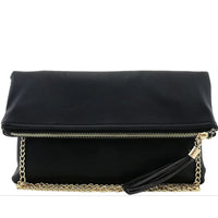 Black leather bifold crossbody clutch with gold chain strap and zipper