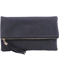 Black leather bifold crossbody clutch purse with fold-over top and zipper detail