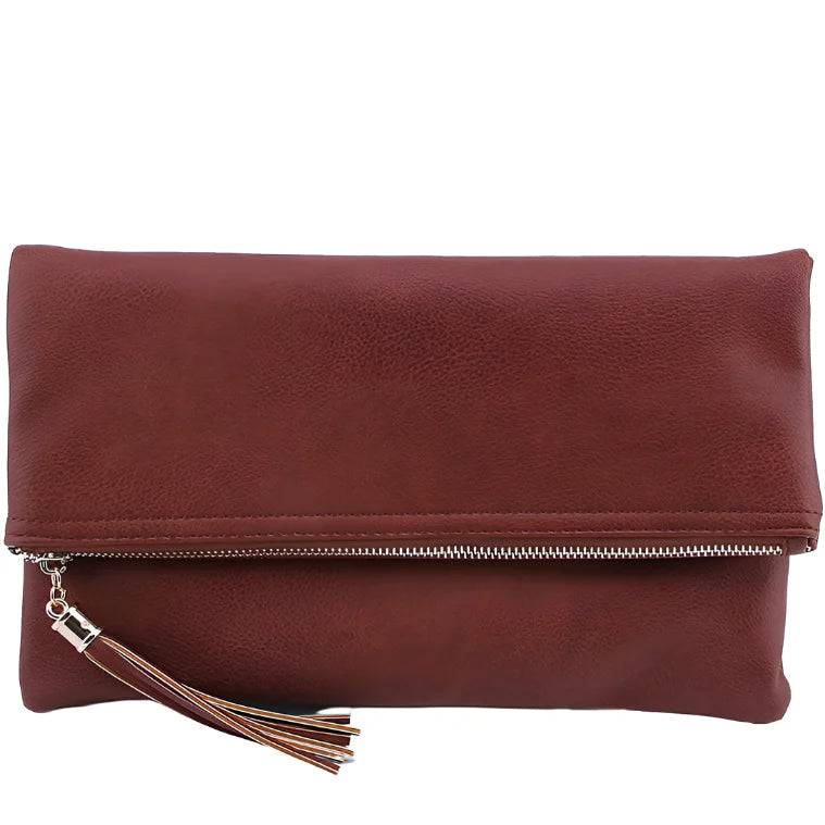 Burgundy leather Bifold Crossbody Clutch with fold-over top and tassel zipper pull