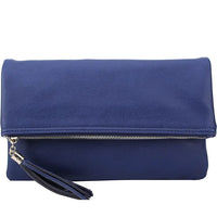 Navy blue leather bifold crossbody clutch with fold-over top and zipper closure