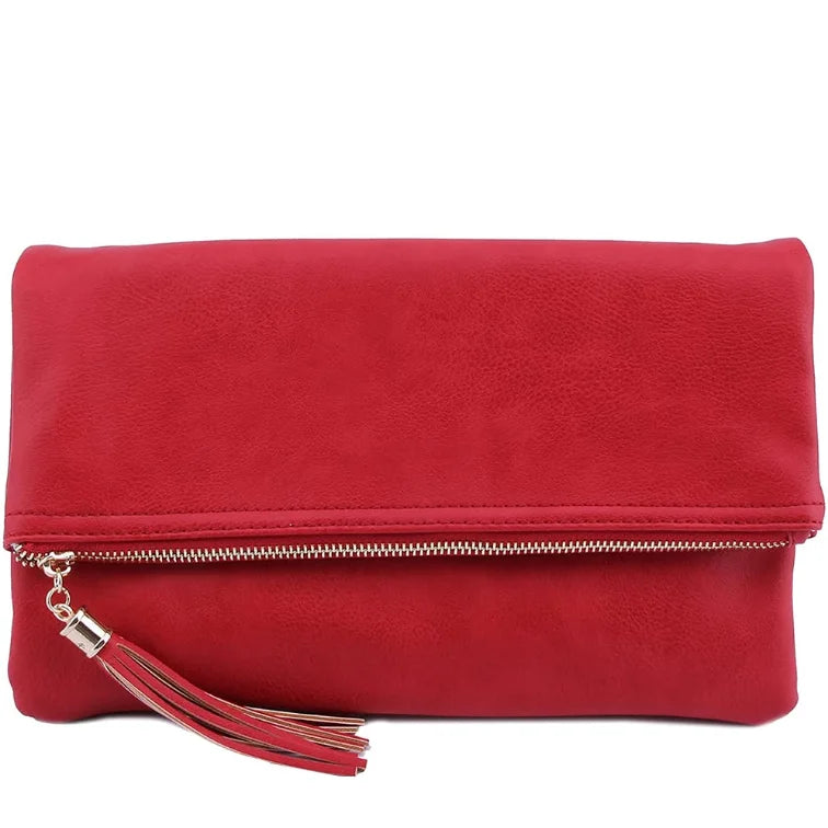 Red leather bifold crossbody clutch with fold-over top and gold zipper detail