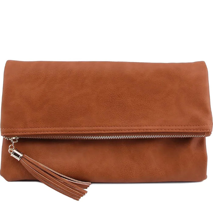 Brown leather bifold crossbody clutch with a fold-over top and tassel zipper pull