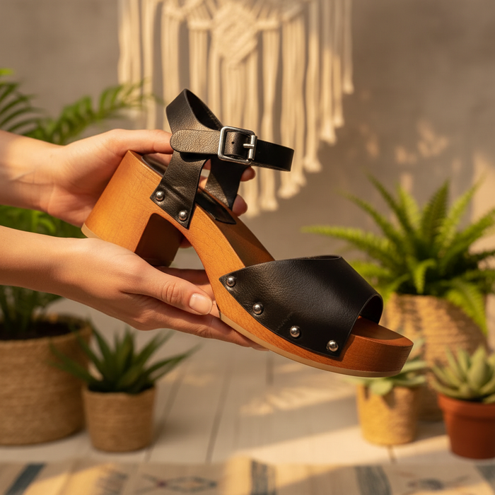 Del Mar Wooden Platform Buckle Heel Sandal - Black