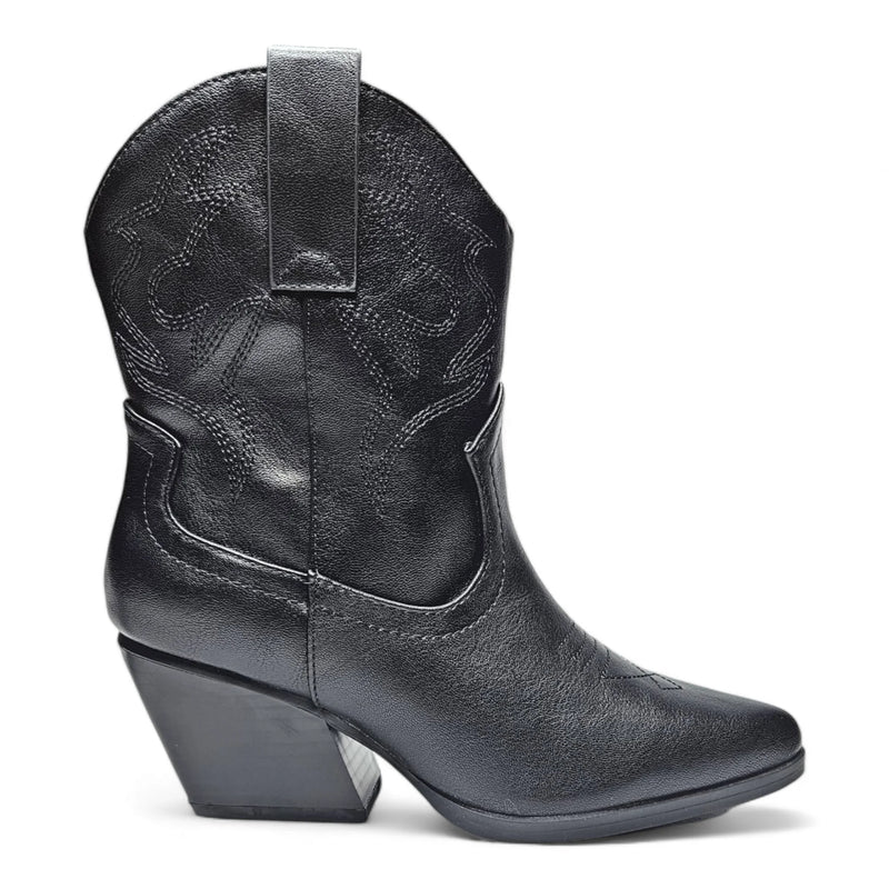 Black leather cowgirl bootie with pointed toe and angled heel, perfect for the Blazing Cowgirl