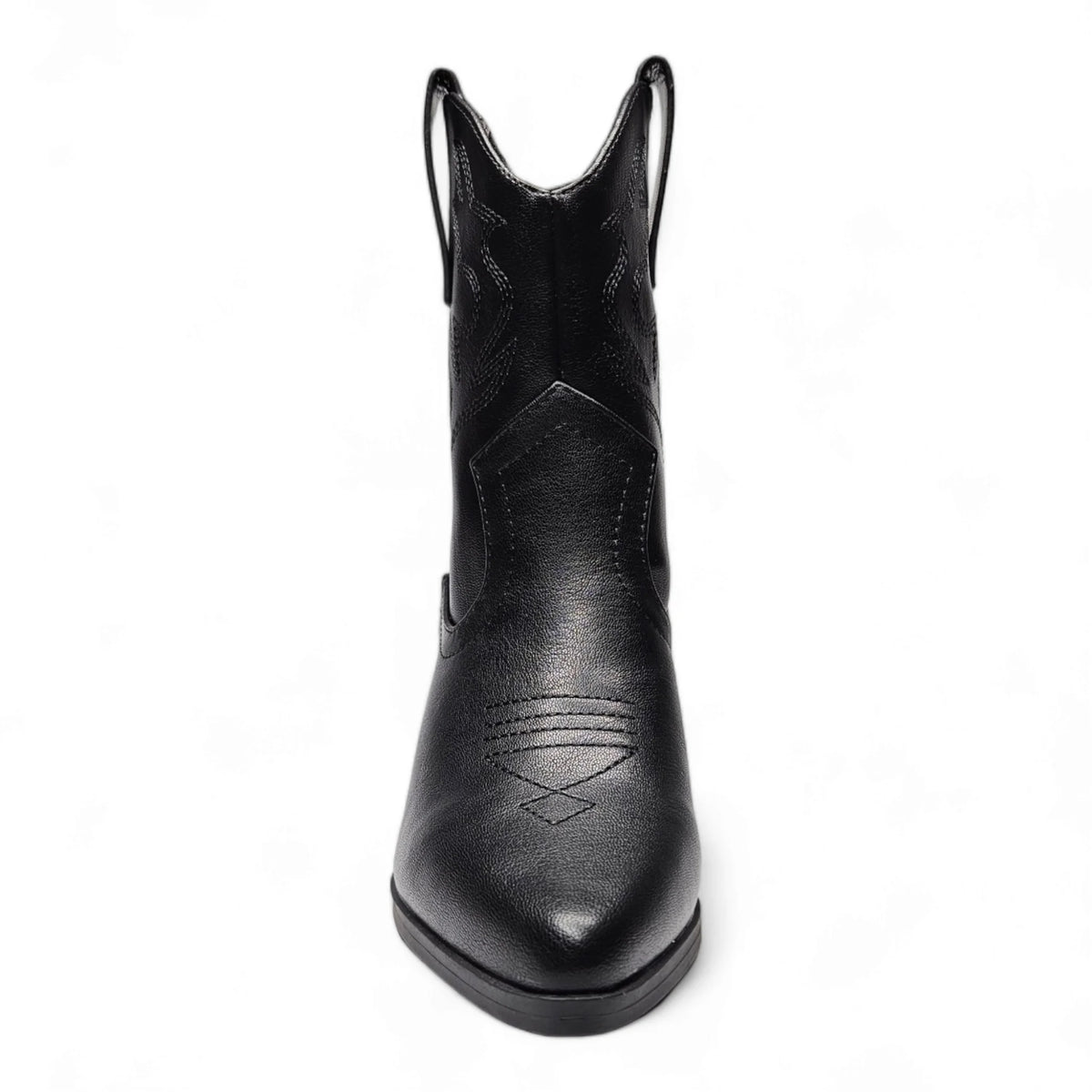 Black leather Blazing Cowgirl Bootie with pointed toe and angled top design