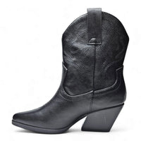 Black leather Blazing Cowgirl Bootie featuring a pointed toe and angled heel design