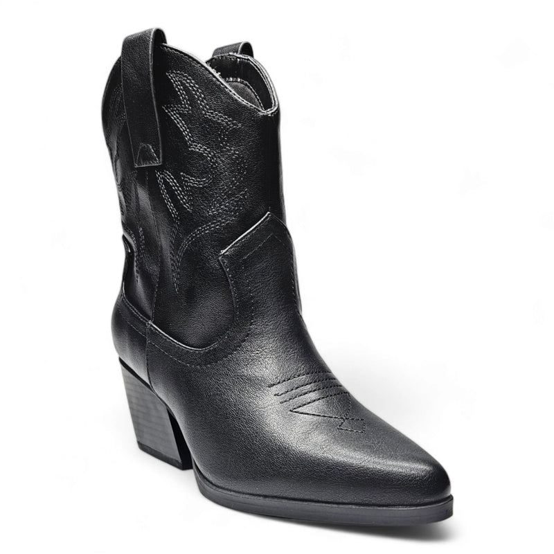 Black leather Blazing Cowgirl Bootie with pointed toe and angled heel for stylish wear