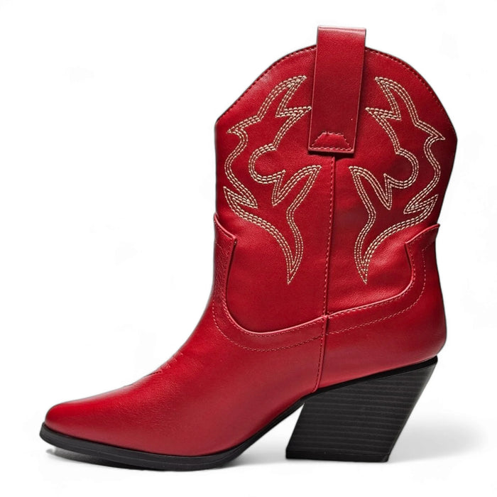 Red leather Blazing Cowgirl Bootie featuring decorative stitching and slanted heel