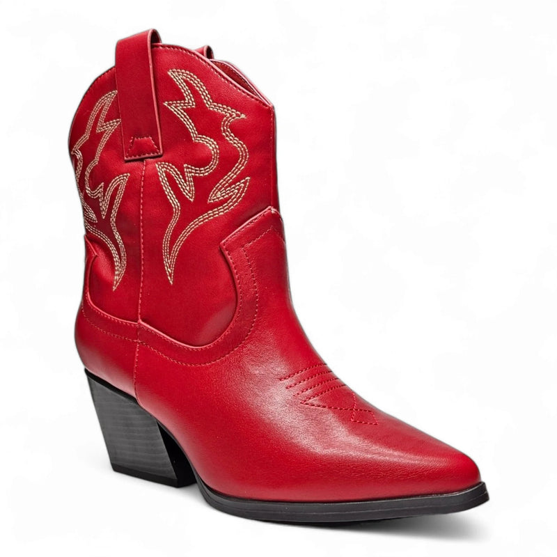 Red leather Blazing Cowgirl Bootie with decorative stitching and pointed toe