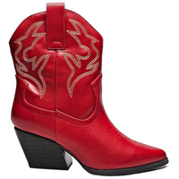 Red leather Blazing Cowgirl Bootie with decorative stitching and chunky heel