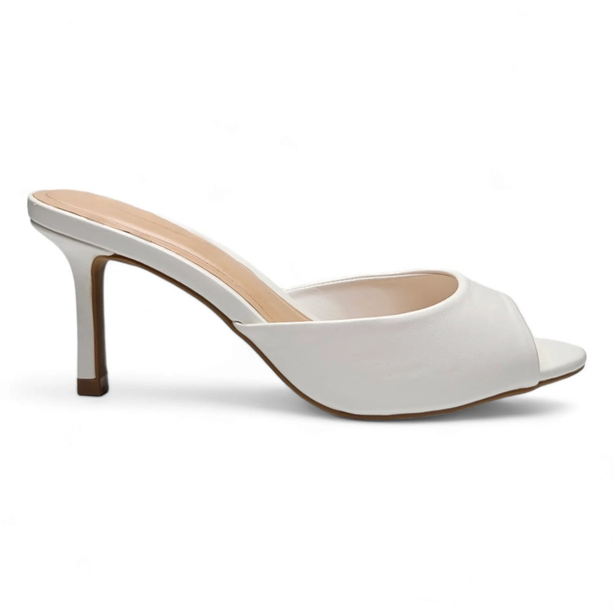 White high-heeled Blazing Mule Sandal featuring a peep toe and slim heel