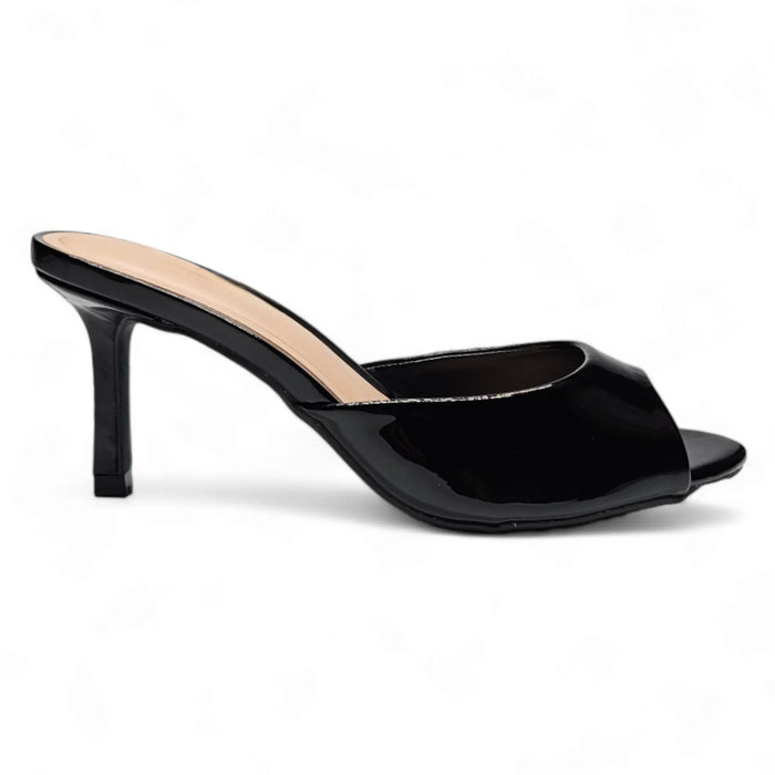 Black patent leather peep-toe Blazing Mule Sandal with high stiletto heel