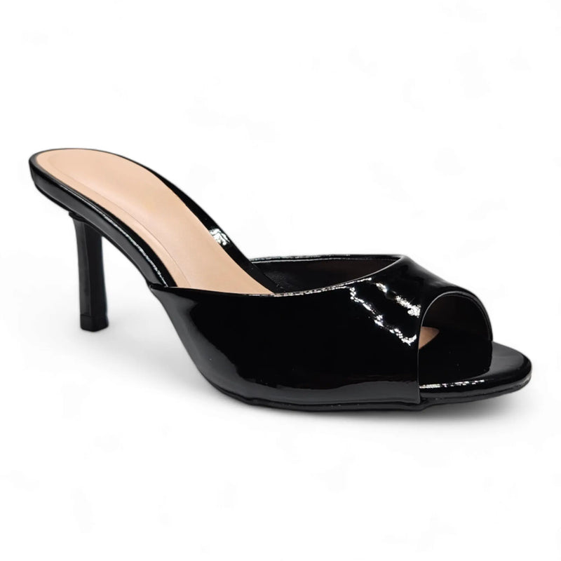 Black patent leather high-heeled Blazing Mule Sandal with peep toe design