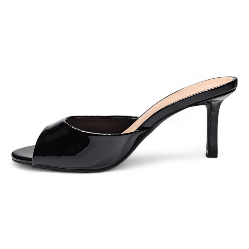 Black patent leather Blazing Mule Sandal with open toe and high heel design