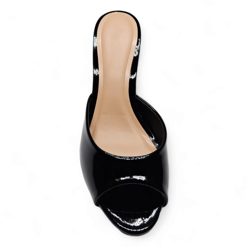 Black patent leather open-toe Blazing Mule Sandal heel shoe for elegant style