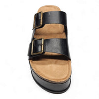 Black leather sandals with double buckle straps and tan footbed for Blowout Double Buckle style