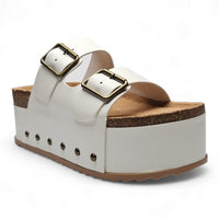 White Blowout Double Buckle Platform Slip On Sandals with cork-like footbed