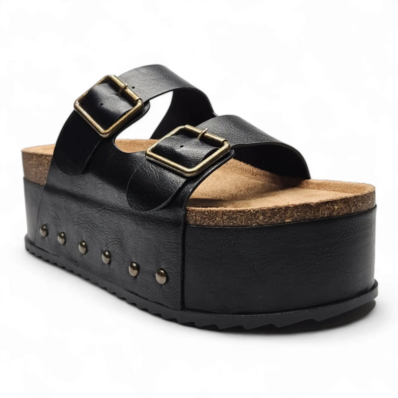 Black Blowout Double Buckle Platform Slip On Sandals with cork footbed and two straps