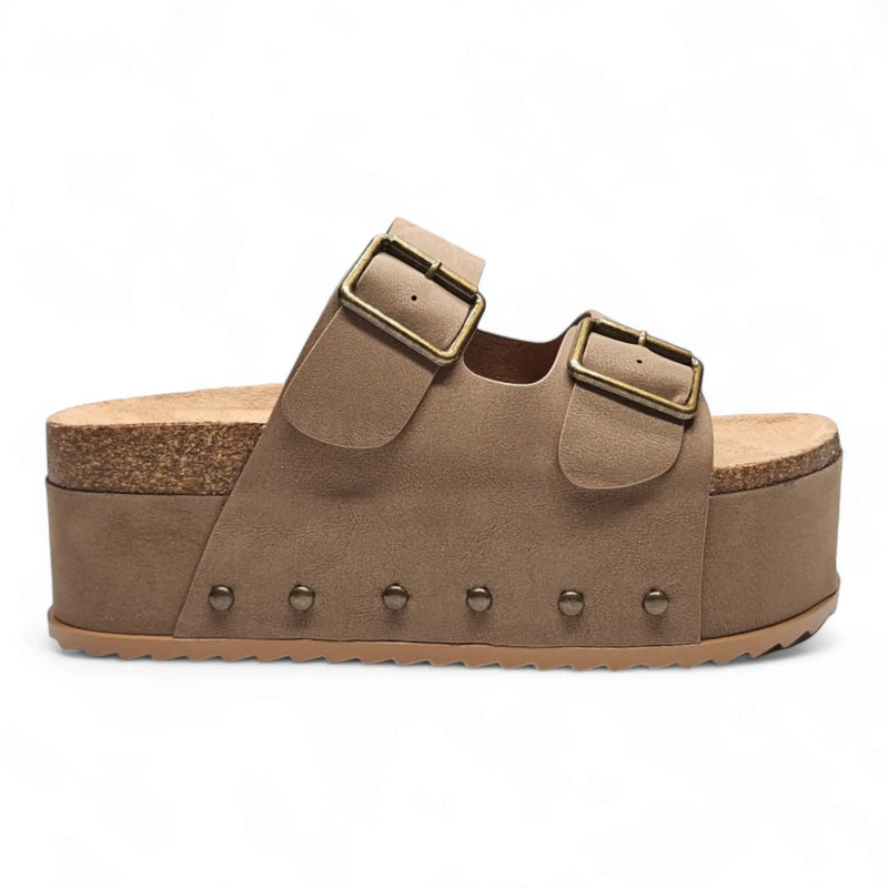 Beige Blowout Double Buckle Platform Slip On Sandals with studded sides and two buckles