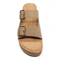 Beige leather Blowout Double Buckle Platform Slip On Sandals with cork-like sole