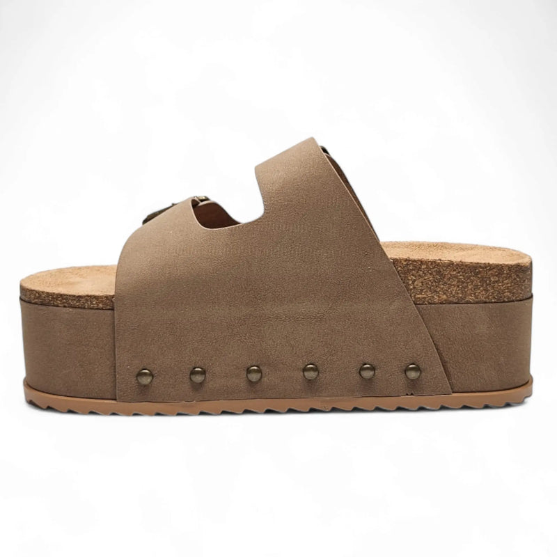 Tan Blowout Double Buckle Platform Slip On Sandals with cork sole and studded details