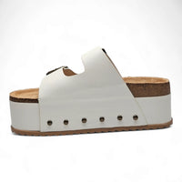 White Blowout Double Buckle Platform Slip On Sandals with thick sole and riveted strap