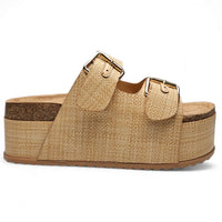 Blowout Double Buckle Platform Slip On Sandals with woven raffia-style upper