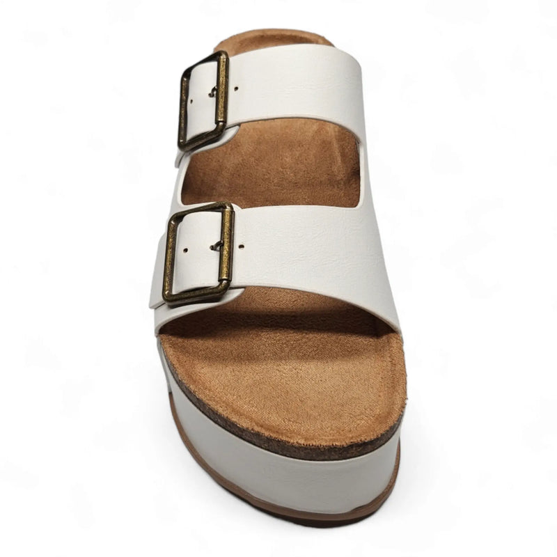 White leather Blowout Double Buckle Platform Slip On Sandals with cork footbed