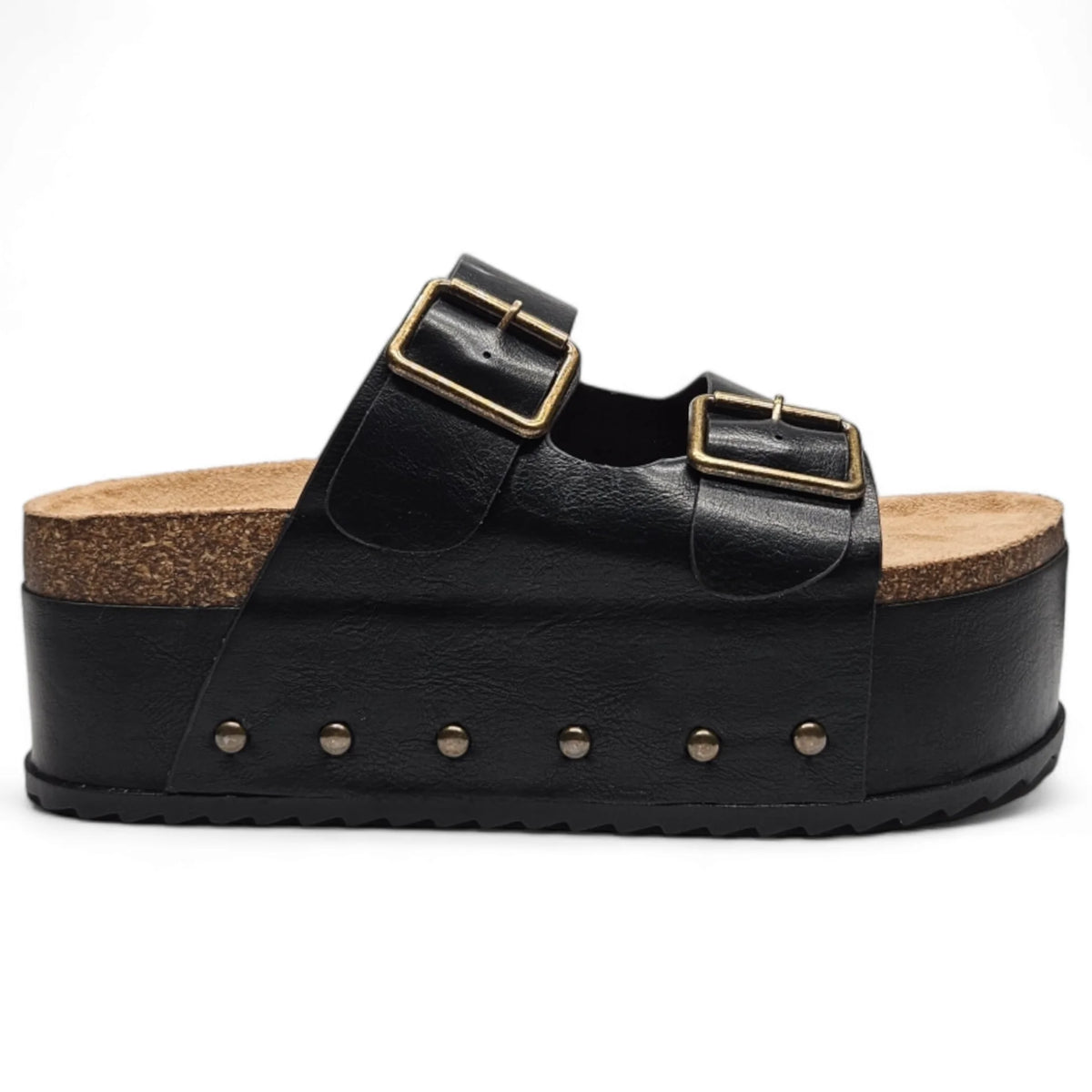 Black Blowout Double Buckle Platform Slip On Sandals with studded sides and two straps