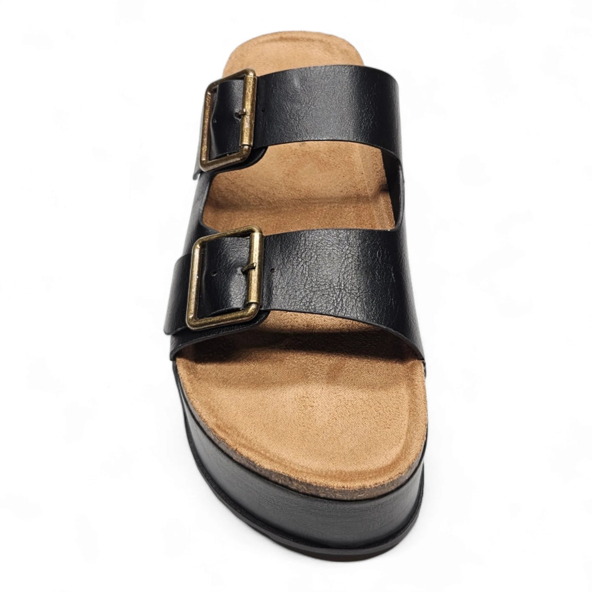 Black leather sandals with double buckle straps and tan footbed for Blowout Double Buckle style