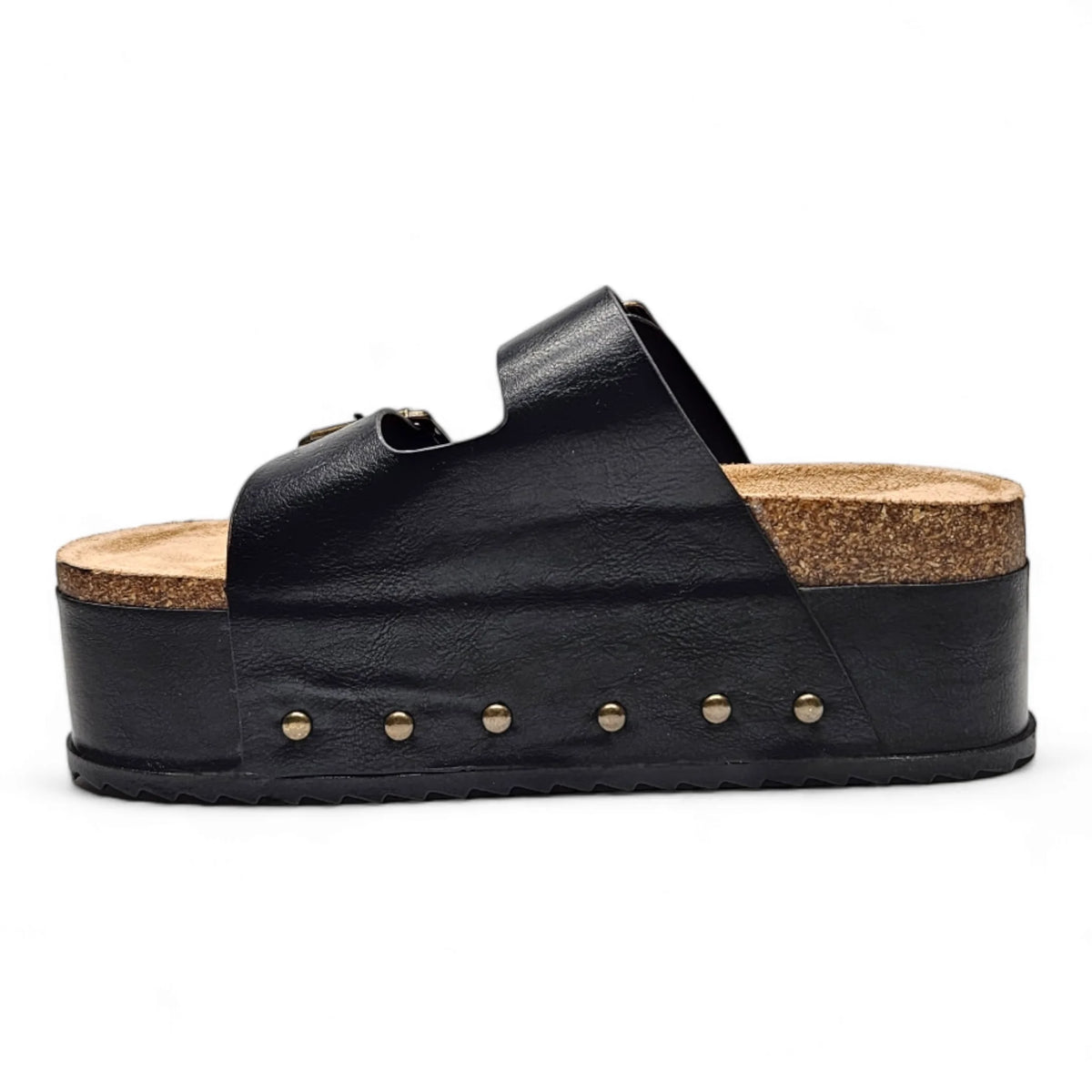 Black platform sandal with cork footbed and studs, featuring Blowout Double Buckle style