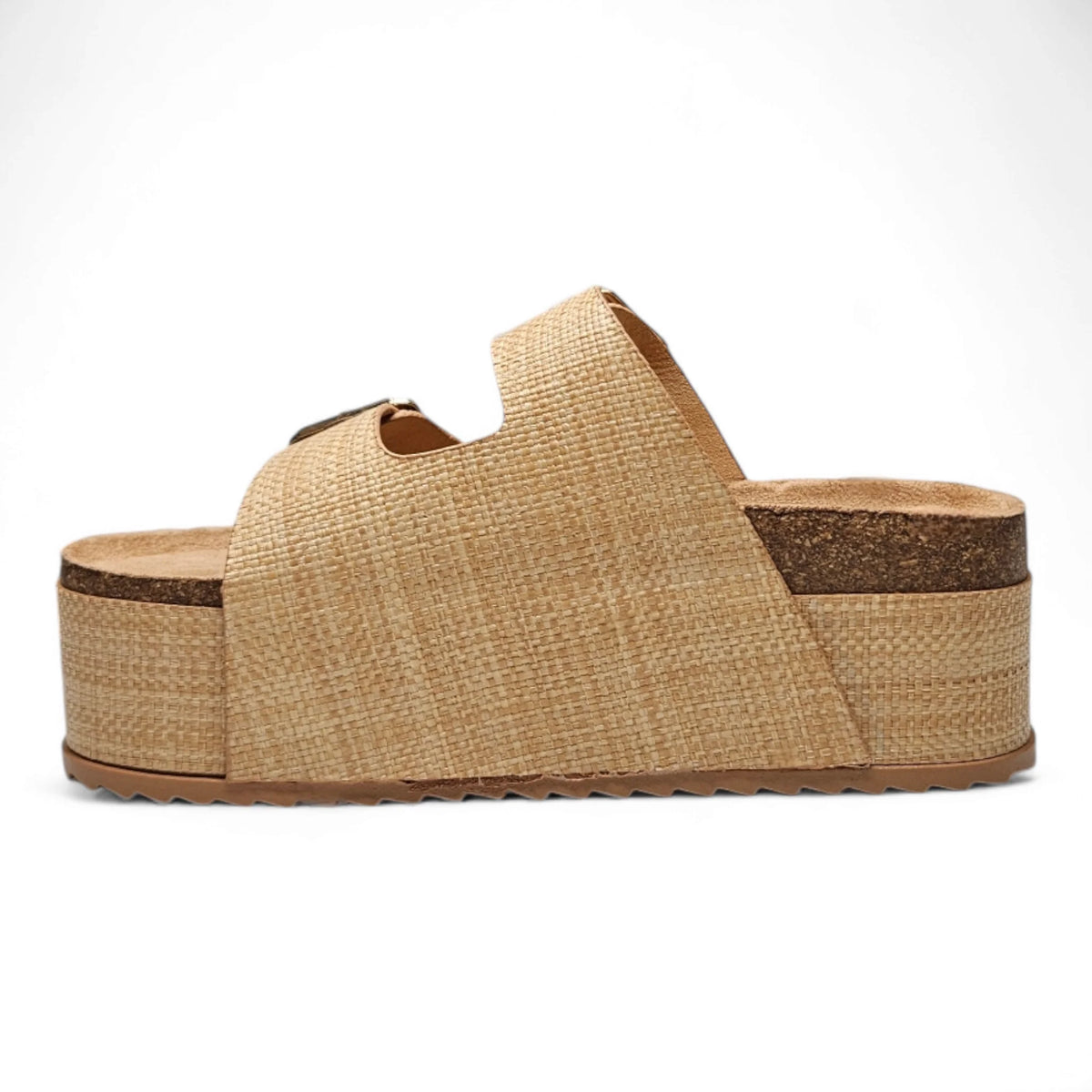 Blowout Double Buckle Platform Slip On Sandals with woven raffia upper and cork sole