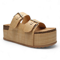 Blowout Double Buckle Platform Slip On Sandals with woven texture and double buckle straps