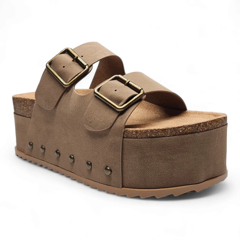 Tan Blowout Double Buckle Platform Slip On Sandals with cork-like sole and two straps