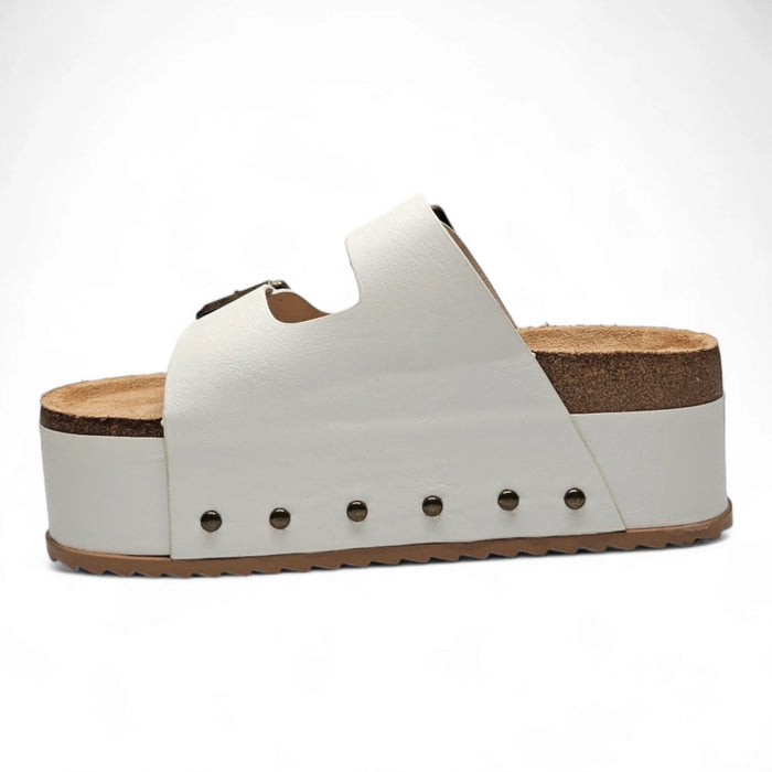 White Blowout Double Buckle Platform Slip On Sandals with thick sole and riveted strap