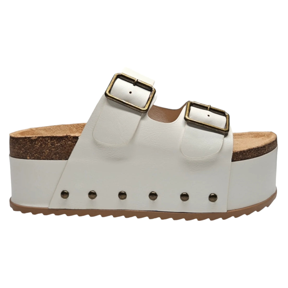 White Blowout Double Buckle Platform Slip On Sandals with studded sides and buckle straps