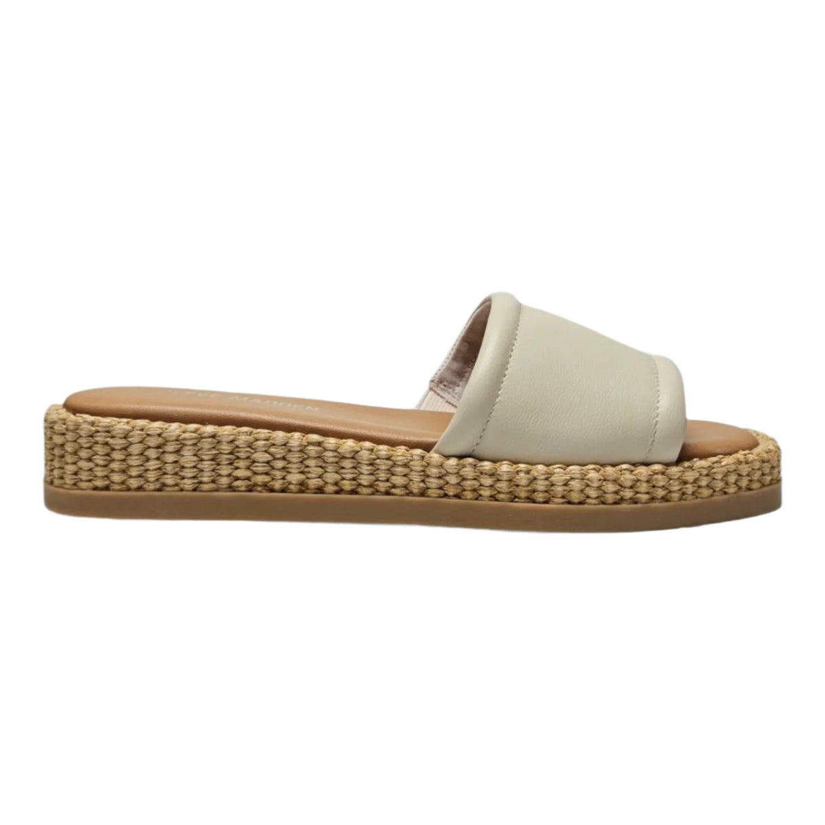 Beige Steve Madden Boardwalk Leather Raffia Flatform Slide sandal with woven platform