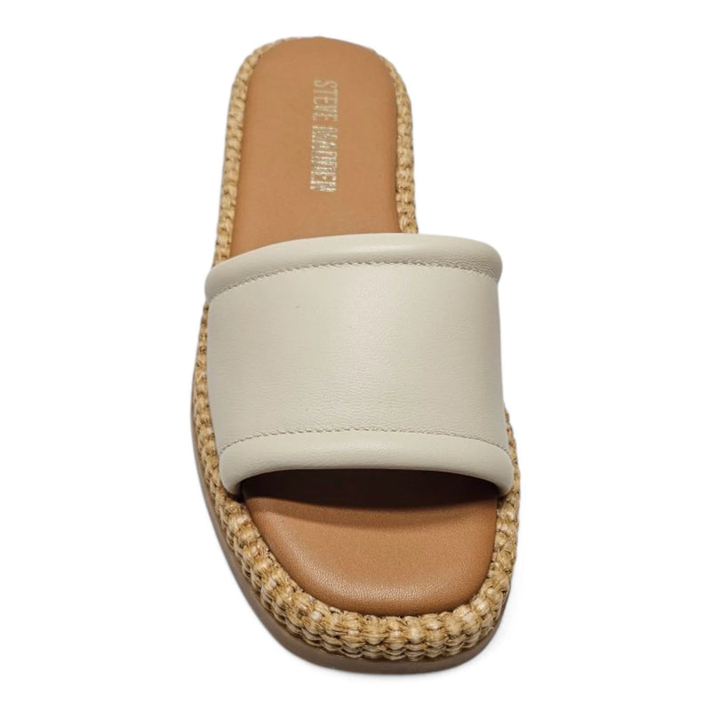Beige slide sandal from Steve Madden Boardwalk Leather Raffia Flatform Slide