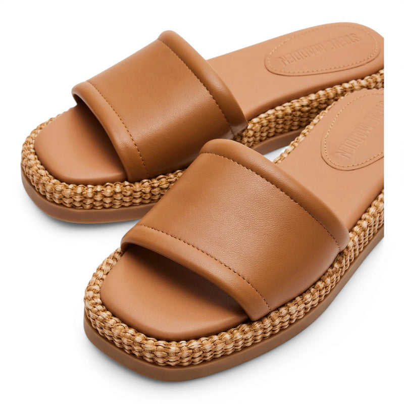 Tan leather slide sandals from Steve Madden Boardwalk for stylish summer comfort