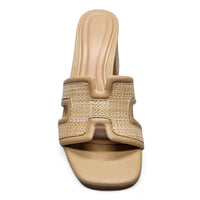 Beige Bobbie Block Heel slip-on sandal with woven fabric strap detail