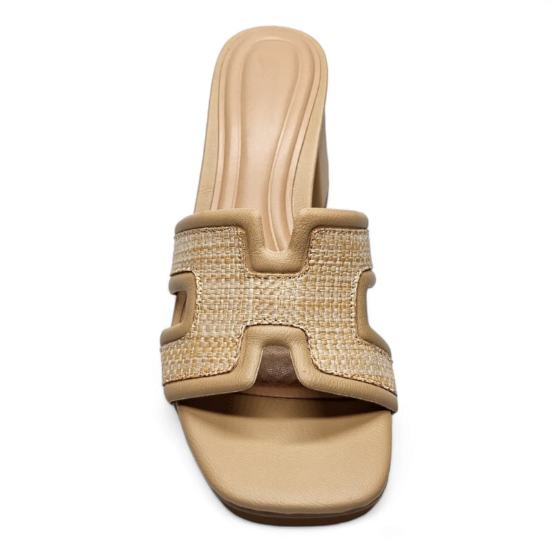 Beige Bobbie Block Heel slip-on sandal with woven fabric strap detail