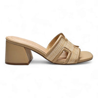 Beige Bobbie Block Heel with chunky heel and woven strap design for stylish comfort