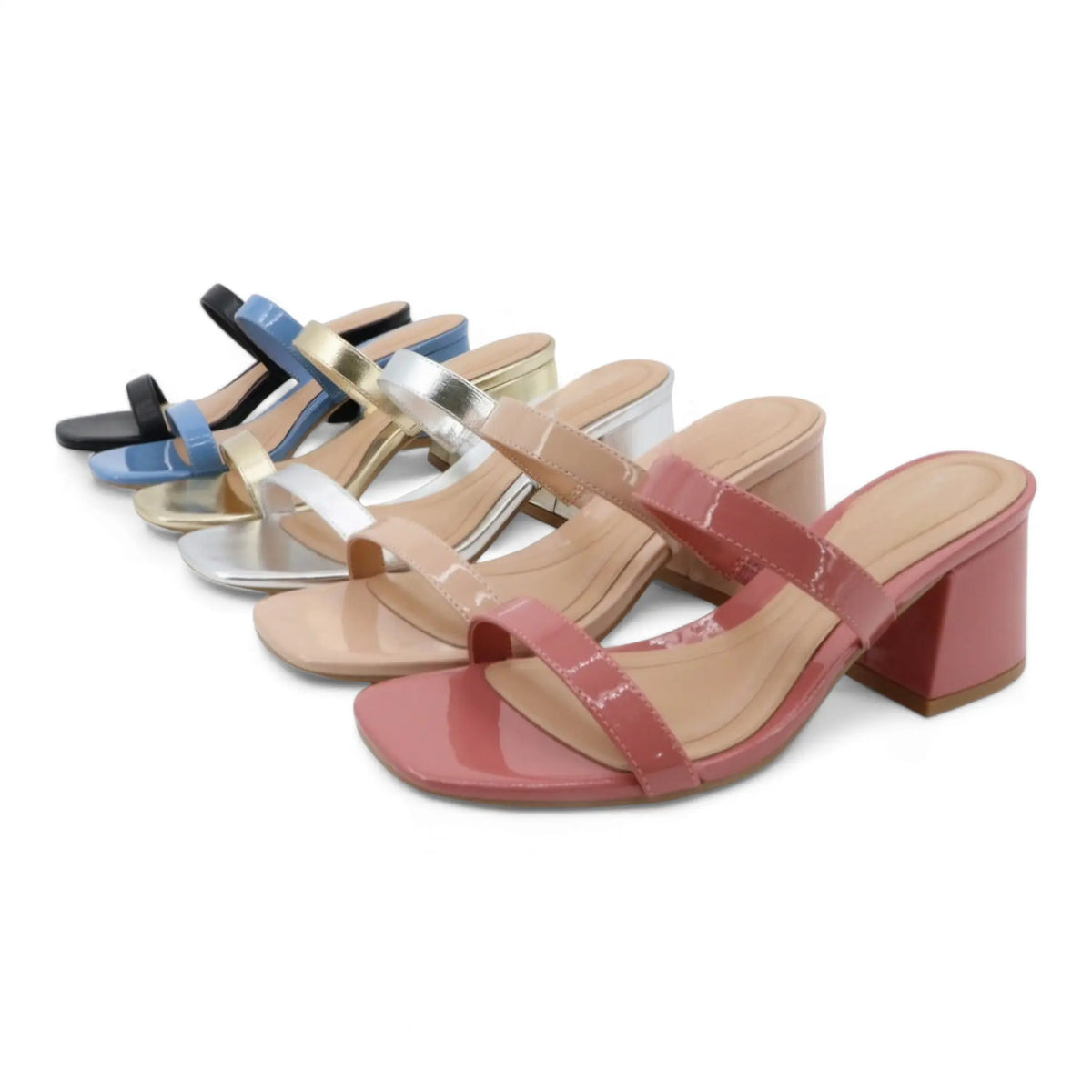 Collection of Double Band Low Block Heel sandals in various pastel colors