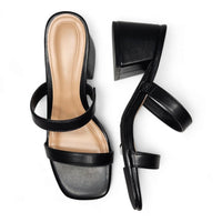 Double Band Low Block Heel black strappy sandals with a comfortable block heel