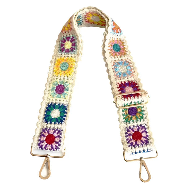 Colorful crocheted bag strap with granny squares for Bohemian Embroidered Bag