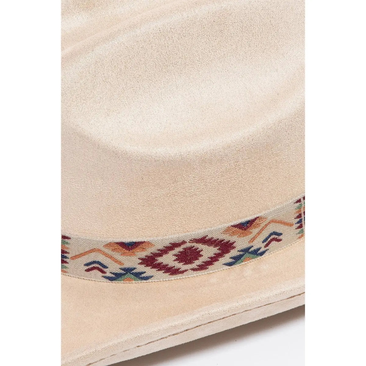 Cream-colored cowboy hat with boho embroidered strap and southwestern-style hatband