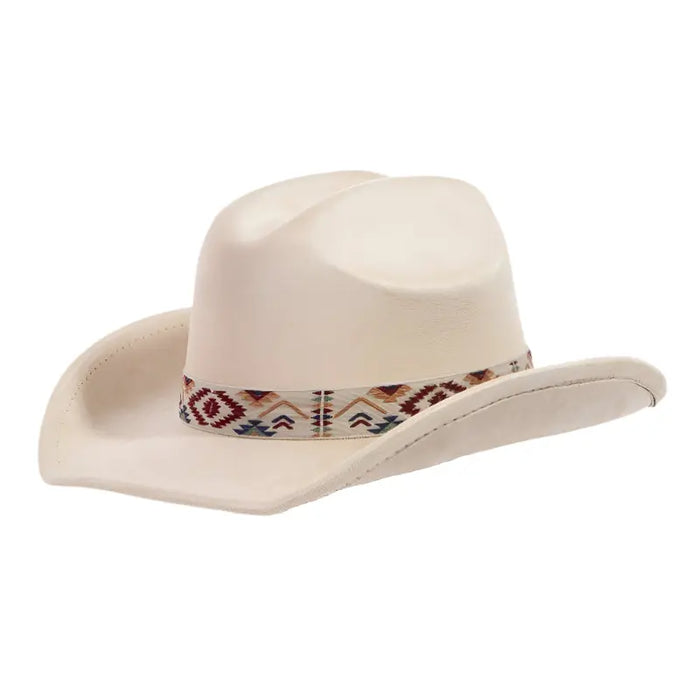 White Cowboy Hat with Boho Embroidered Strap and Tribal-Pattern Band Design