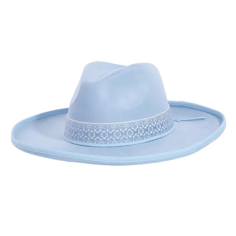 Light blue Boho Band Beveled Cowboy Fedora Hat with a patterned decorative band